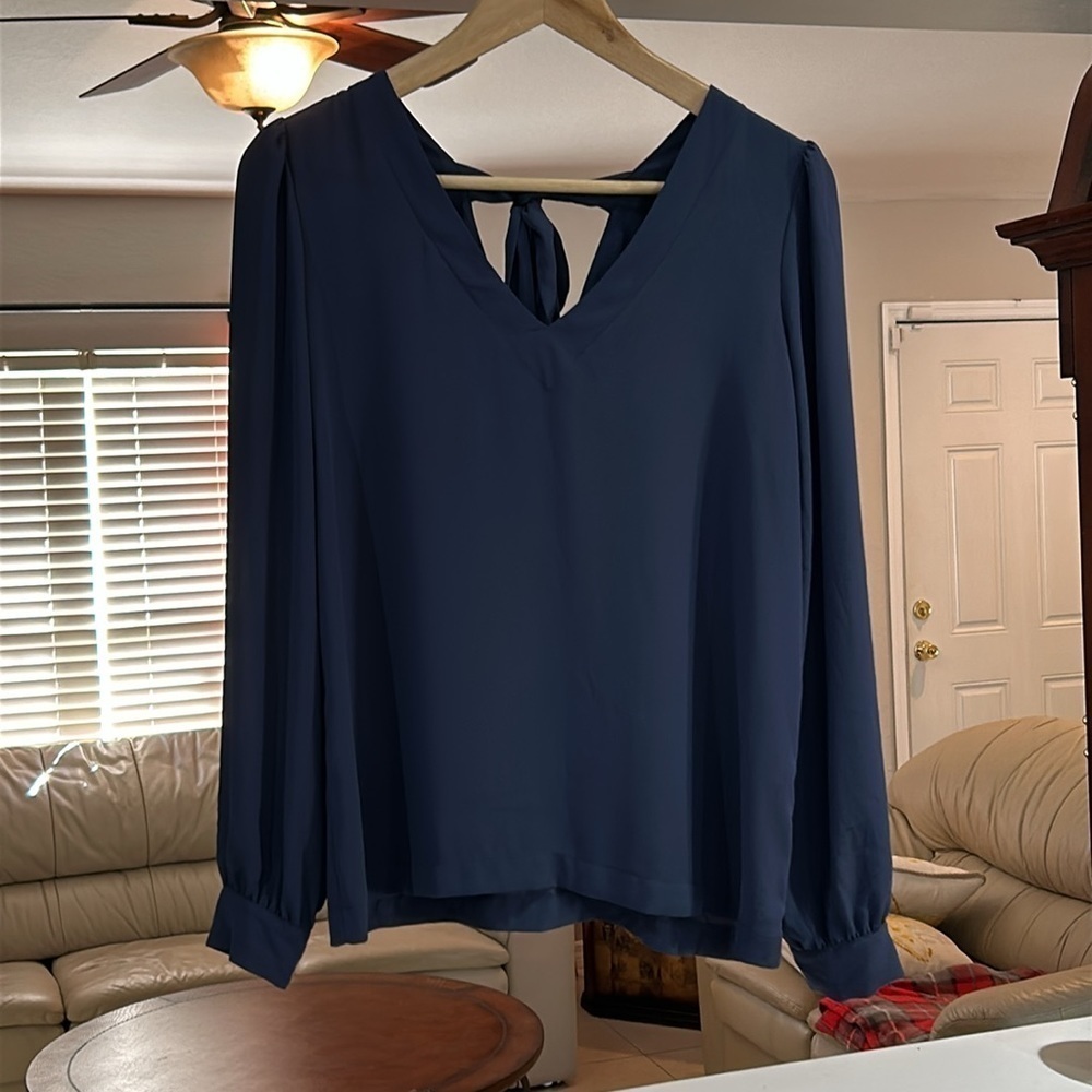 LOFT Women’s Semi Sheer Navy Blue Long Sleeve V-Neck Blouse Size XS